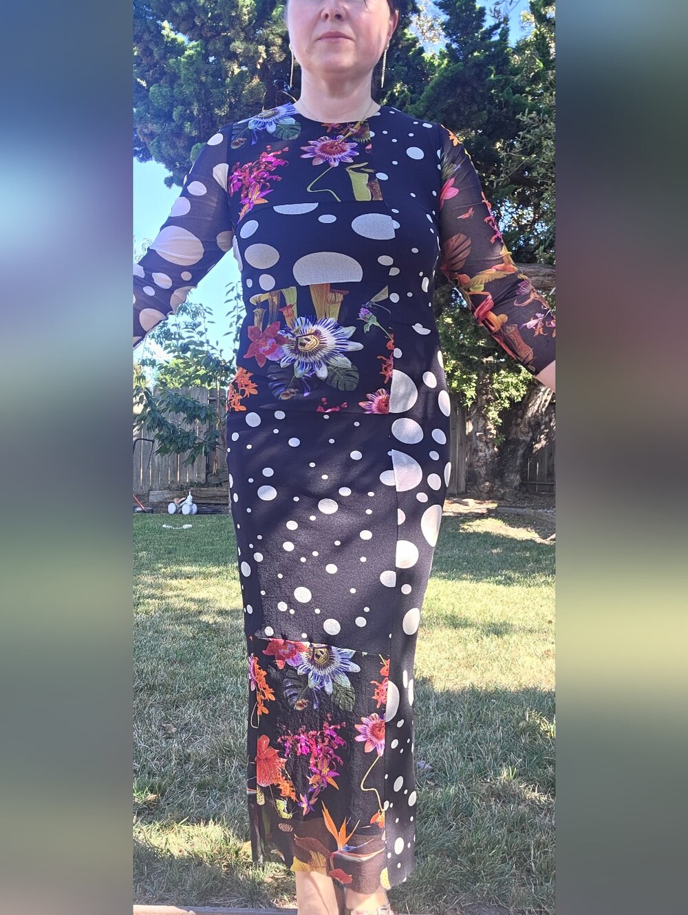 Black Polka Dot & Floral Maxi Dress - Long Sleeve